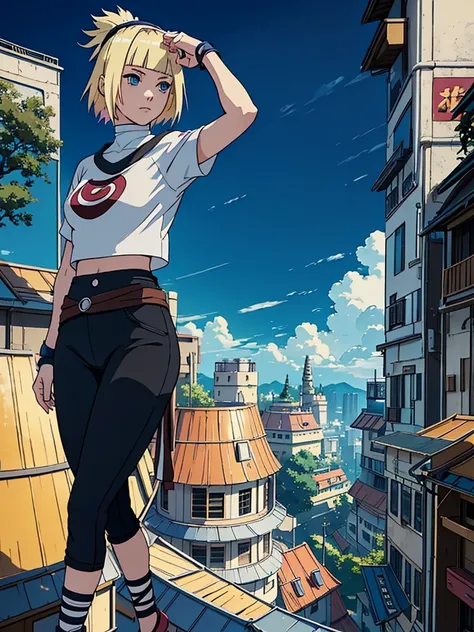 young girl, short hair, Blonde, fringe, blue eyes, makeup,  big breasts, small waist, Wide hips, white short sleeve t-shirt, bandage on abdomen, loose black pants below the waist, konoha waist bandana, bandage on the right hand, bandage on wrist, foot band...