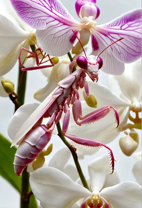 orchid mantis, pale white with pink highlights, hiding on white orchid, preparing to ambush prey, insect macro photography, extremely detailed, high resolution, photorealistic, natural lighting, depth of field, seamless blend of mantis and orchid, vibrant ...