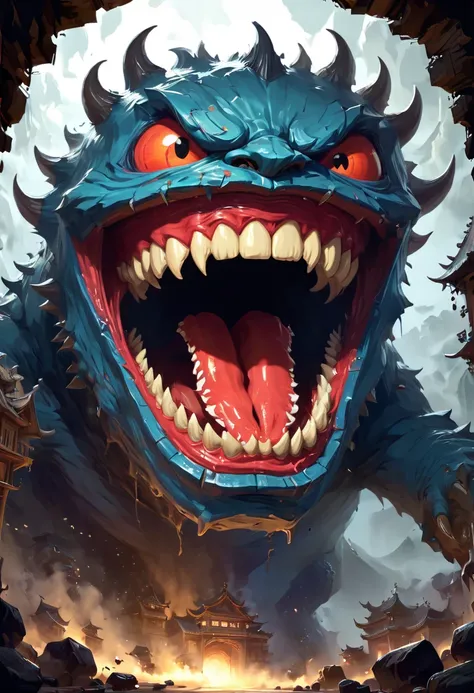 There is a box monster with a big open mouth, Concept art by Adam Marczyński, Number of polygons, The Art of Self-Destruction, imitate, Fangs, Detailed mouth, Detailed hot belly, Very detailed back of mouth, Open your mouth wide, Open metal mouth, large sh...