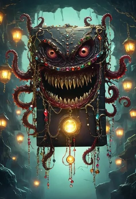 dark，fear，Strange box monster full of jewels - one eye - sharp teeth - ugly，Long tentacles，Scattered jewelry,greedy