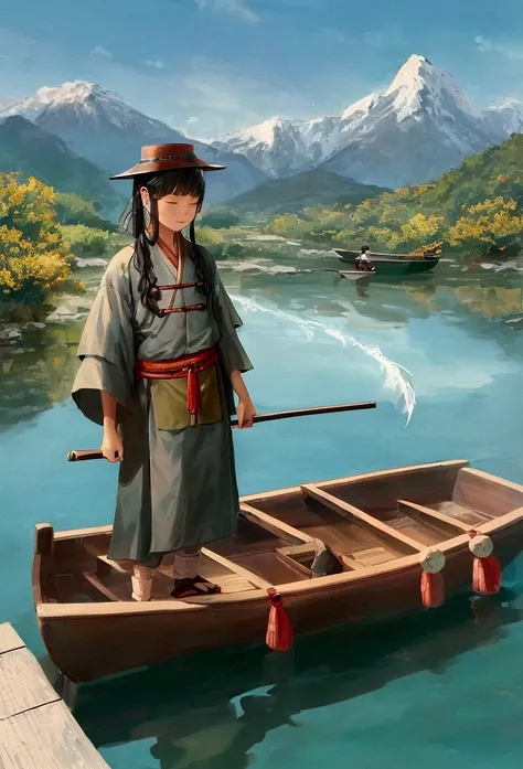 On a tranquil spring day, a fisherman dressed in traditional Jin Dynasty attire gently rowed a little wooden boat along a small creek. In the distance, mountain ranges loomed silently. Only the gentle murmur of the flowing water and the cheerful chirping o...