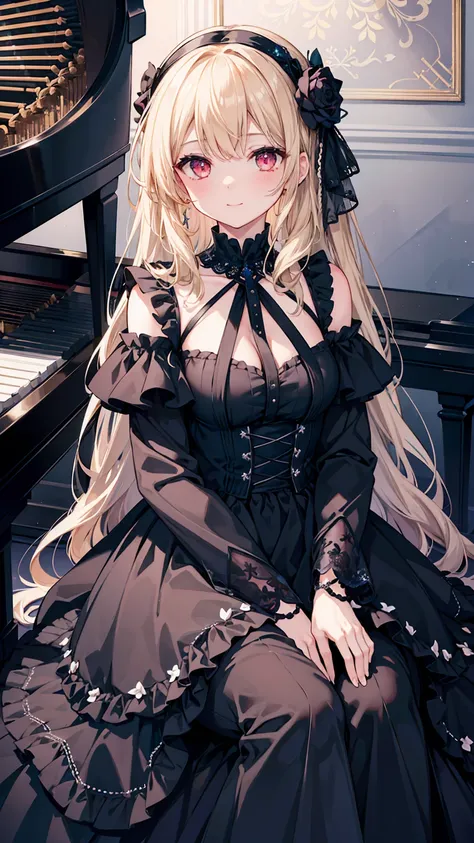 1 girl、solo、length hair、piano、Red Eyes、doress、Black Dress、Luxurious dresses、Black tights、Light blonde hair、Particles of light、mournful smile、Stand in front of the piano in the hall、Stand in front of the piano、spot light、Black Rose Motif Dress、bangss、Piano ...