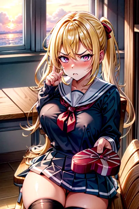 masterpiece, best quality, sunset, cowboy shot, view from above, 1girl, 21 year old girl, blonde hair, long hair, high ponytail, huge breasts, sitting on bench, crossed legs, white sailor fuku, blue plate skirt, black thigh highs, 
middle finger,
 IncrsGif...