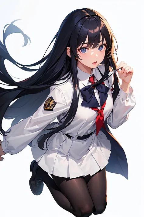 a cut girl with long hair, wearing school uniform, full-body, white background, clean background, full body shot:1.5,Detailed face,detailed eyes,detailed nose,detailed mouth,((UHD,masterpiece,super detail,award winning:1.4,best quality:1.2,highres,high qua...