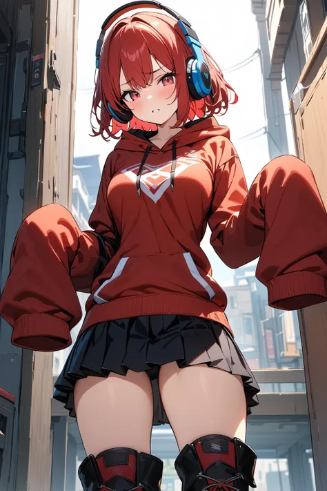 (masterpiece, best quality:1.5), (ultra detailed, high resolution, 8k, beautiful detailed, UHD, best anatomy), 1 cute girl, red hair, medium breasts, sleeves past fingers, Flared skirt, boots, blank expression, headphone, Hoodie