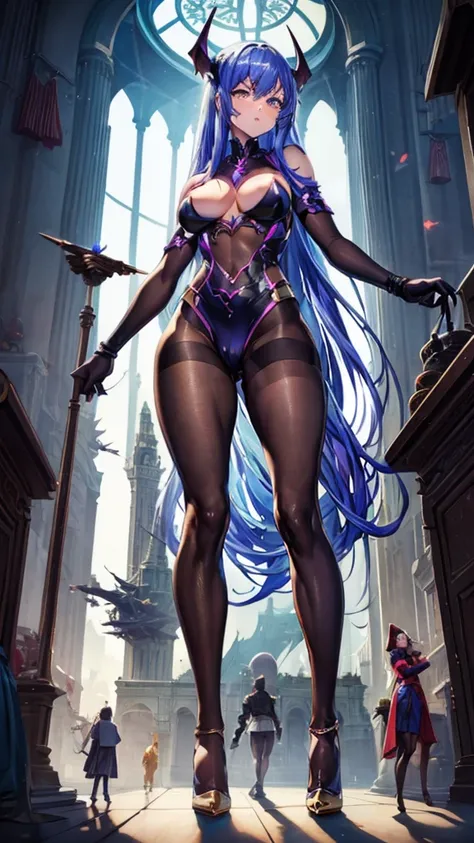 A colossal giantess succubus walks into a tiny city, breaking the floor, the tiny people and everything with her heels, she looks down and mocks you as you see from below her tiny tits and long legs covered all in transparent pantyhose, look down, evil, be...