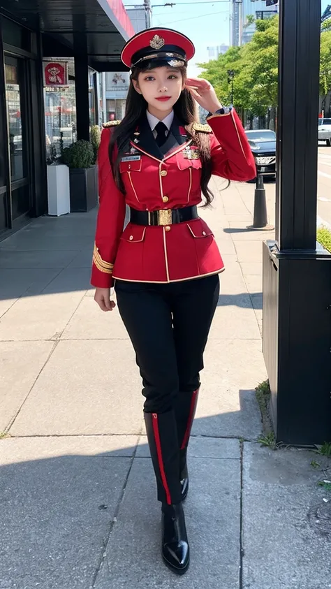 Full Body Photo、最high quality, masterpiece, 32k、Very detailed、Realistic、1 girl, Japanese women、Wine red military uniform costume、High-grade, futuristic, sexy costume, Elegant wine-red military uniform、US Army military uniform hat、Attractive K-pop idol-like...