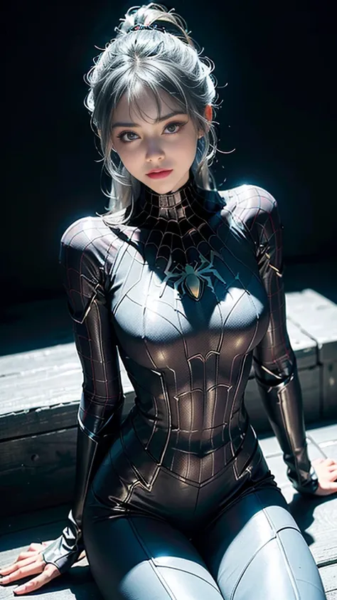 (Extreme Detail CG Unity 8K Wallpapers，tmasterpiece，Highest image quality)，(Delicate light and shadow，The picture is highly dramatic，Cinematic lens effect)，A girl in a white Spider-Man costume，High ponytail，full bodyesbian，Silver-gray hair color，From the S...