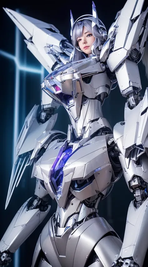 ((Intense action pose:1.6))、((Shining lenses on both breasts:1.3))、((Blue pillars of light are emanating from both chests.:1.3))、smile、((8K)), ((32k)), ((Highest quality)), ((masterpiece)), ((超A high resolution)), ((Tmasterpiece)), ((Halation:1.4))、((Mecha...