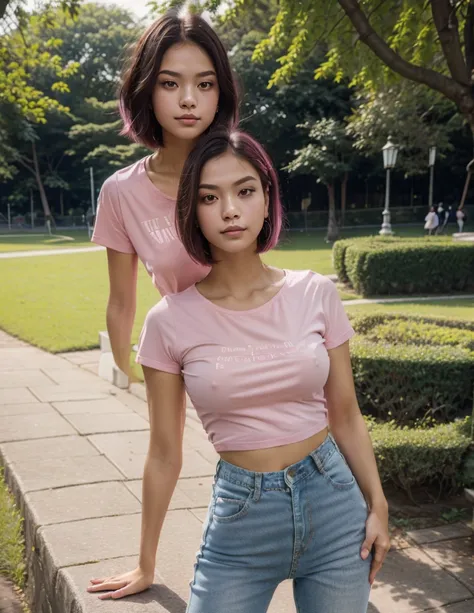 
masterpiece, best quality, portrait of 1girl, realistic, bob hair, wearing pink t-shirt and short denim pants, standing di the park, perfect body