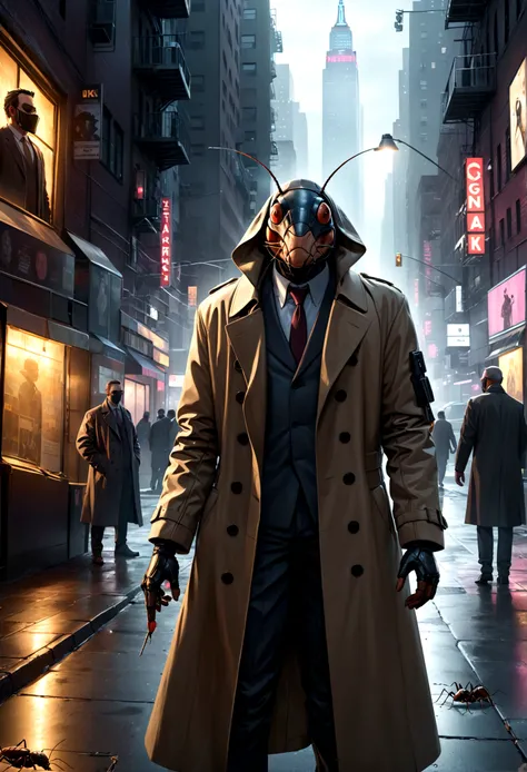 a humanoid cockroach in a trench coat and a wax human mask, attempting to mimic humans in new york city, hyper-realistic, cinematic lighting, moody, dark, gritty, cyberpunk, intricate details, award-winning concept art, 8k, photorealistic, masterpiece
