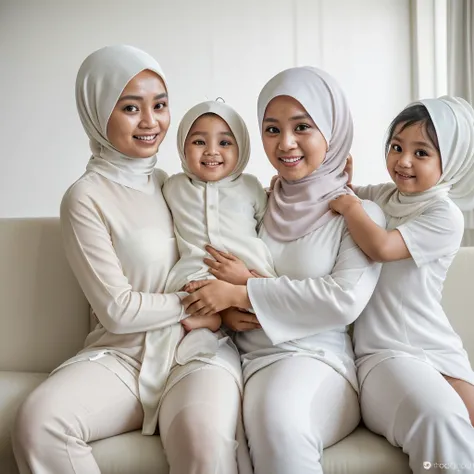 create indoor photo Indonesian photography two members,a 35 year old woman hyjab holding kid girl 3 yo wearing hyjab,a 35 yo man hyper oblong-face wearing white kopyah,huging,all wearing white baju koko with  suit and gown hyjab,all members siting and smil...