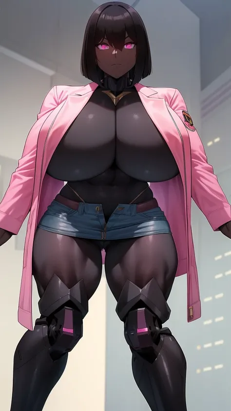 E girl cut hair Bob color pink jacket open mini skirt (((mecha legs Master piece Ultra Quality))), stand pose head on full body , (tall, muscular:1.3), (dark skin, perfect skin:1.8), (gigantic breasts:1.3),Grt2c