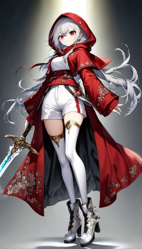 Highest quality, Super quality, 16K, Incredibly absurd, Very detailed, Silver Hair，delicate and dynamic, A cool beauty and a cute female swordsman,Body Inspection 50ｃｍAbout， Big Holy Sword, A long red coat with a gold embroidered hood,, White trousers, Kne...