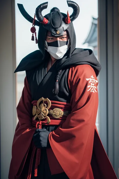 Person in oni samurai suit and mask