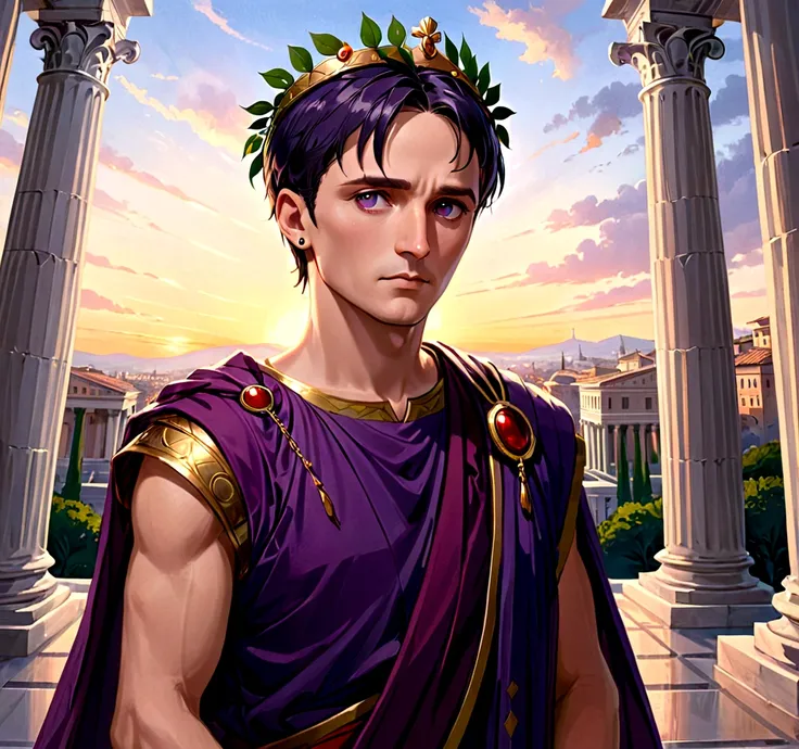 The painting depicts Julius Caesar, Emperor of Rome, facing the observer, his expression is serene and authoritative, he wears a richly adorned purple imperial toga, a golden laurel crown rests on his head, his gaze is piercing and conveys wisdom and power...