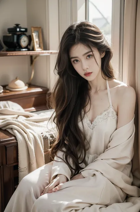 (((best quality))), (((ultra detailed))), (((masterpiece))), illustration,a beautiful girl,solo,slim,thin,messy hair,shoulder length straight bob hair,Dark Circles,Eyes bloodshot,sad expression,flat chest,sitting on the bed,in a bedroom,halter lace nightgo...