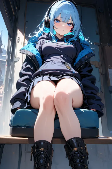 (masterpiece, best quality:1.5), (ultra detailed, high resolution, 8k, beautiful detailed, UHD, best anatomy), 1 cute girl, pale blue hair, medium breasts, sleeves past fingers, Flared skirt, boots, blank expression, headphone, Hoodie