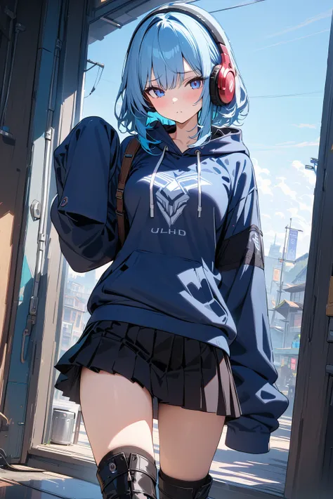 (masterpiece, best quality:1.5), (ultra detailed, high resolution, 8k, beautiful detailed, UHD, best anatomy), 1 cute girl, pale blue hair, medium breasts, sleeves past fingers, Flared skirt, boots, blank expression, headphone, Hoodie