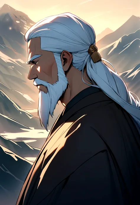 Mencius, a Confucian thinker with white hair and beard, has a kind face and a back view in the mountains. 