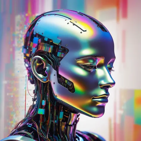  The artwork robotic human figure in detail, against a bright background that is partially obscured by glitch effects. The figures head is tilted slightly to the side, as if lost in contemplation. The image highlights the ral-glydch technique through the u...