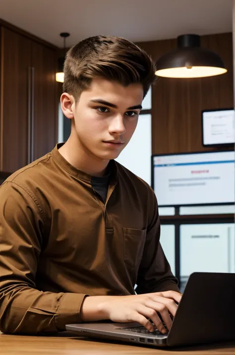 Create an image of a 19 year old young man working in front of a laptop screen. Wear a brown shirt