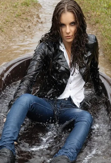 woman in a bathtub, black leather jacket,  wet look, bottom angle, blouse, jeans, boots,  in water, carnal, wet, slick!!