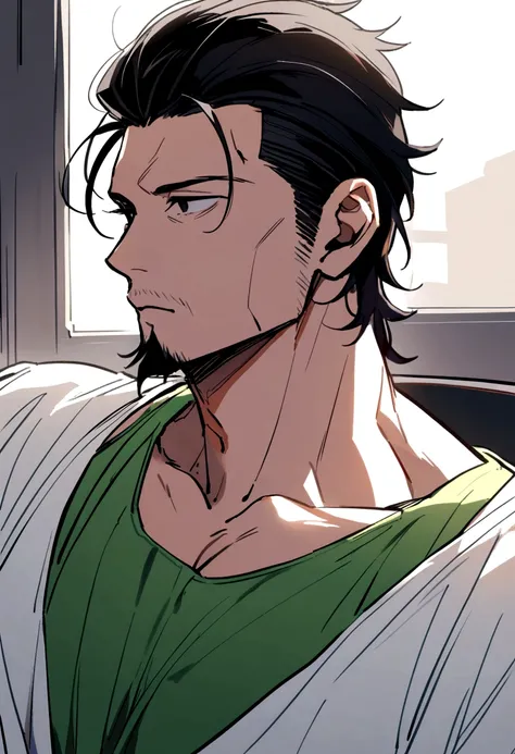 40 year old man, long black hair and slightly curly shoulder length, dull black eyes, goatee, green tank top, white shirt inside.