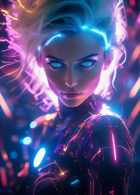 Vibrant Rim Light, Volumetric Lighting, (centered) (full body shot:1.2) dataviz style, solo girl,wearing skinny space suit on spaceship of space station in the space, beautiful eyes  glowneon, glowing, sparks, lightning , subsurface scattering, Photorealis...