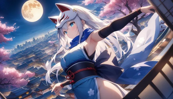 Exposed armpits and chest、A magnificent view of the city from the treetopasterpiece, best quality:1.2), 1girl, 独奏,Wolf girl, fox mask, ninja, girl, long white hair, odd eyes, blue kimono, ninja girl, red and blue scarf,Dancing Cherry Blossoms,Full moon bac...