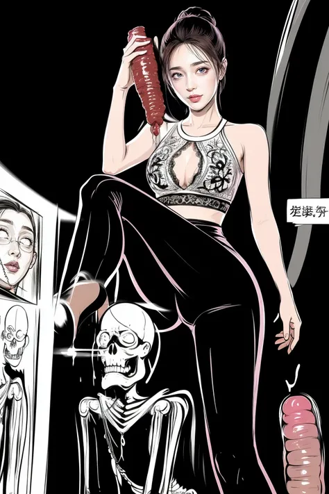 The beautiful girl in lace top and leggings is sitting astride a pile of skeletons in the center of the picture. She is holding a trembling sausage with juice squeezed out in her hand and smiling. There are multiple comic storyboards in the background，cbt,...