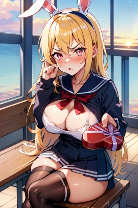 masterpiece, best quality, sunset, cowboy shot, view from above, 1girl, 21 year old girl, blonde hair, long hair, bunny ear headband, huge breasts, huge cleavage, sitting on bench, crossed legs, white sailor top, blue plate skirt, black thigh highs, 
middl...