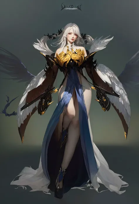 Close-up of woman in long dress with wings, Epic and beautiful character art, Beautiful full body concept art, feng zhu concept art, A complete portrait of an elementalist, Onmyoji detailed art, Dark Witch Panorama, The Queen of Change, author：Yang J, Full...