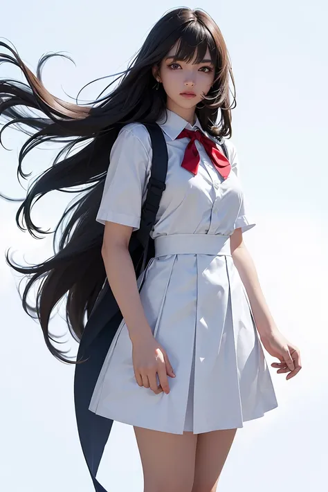 a cut girl with long hair, wearing school uniform, full-body, white background, clean background, full body shot:1.12, Detailed face, detailed eyes, detailed nose, detailed mouth,((UHD,masterpiece,super detail,award winning:1.4,best quality:1.2,highres,hig...