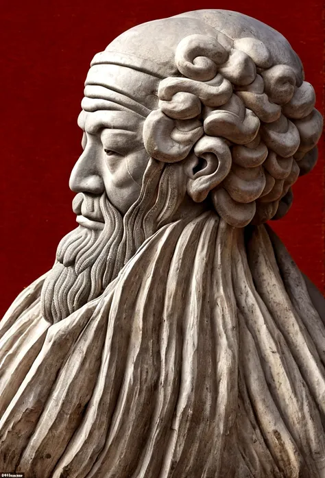 mencius, a confucian thinker with white hair and beard, has a kind face and a back view in the mountains.