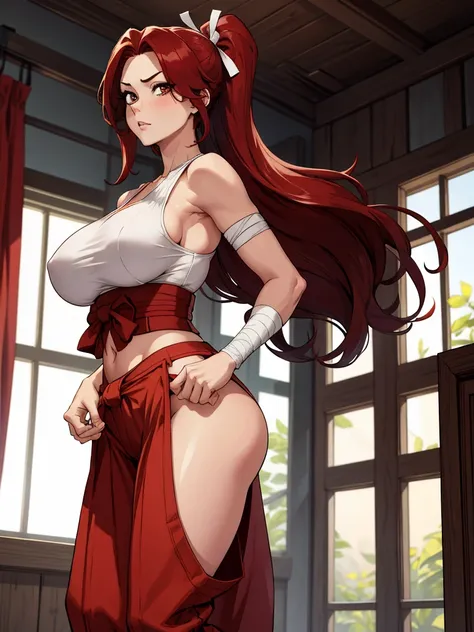 Masterpiece, Best Quality, hight resolution, fairytale, 1girl, hairlong, red hair, pony tail, white ribbon, hair above one eye, Brown eyes, large breasts, clavicle, Huge-breasts, Sarashis chest, bandage, bare arms, midriff, Red Hakama, wide thighs, big but...