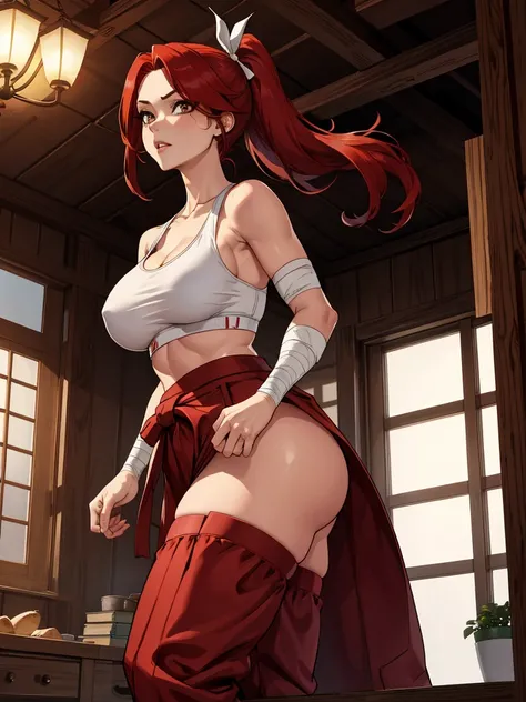 Masterpiece, Best Quality, hight resolution, fairytale, 1girl, hairlong, red hair, pony tail, white ribbon, hair above one eye, Brown eyes, large breasts, clavicle, Huge-breasts, Sarashis chest, bandage, bare arms, midriff, Red Hakama, wide thighs, big but...