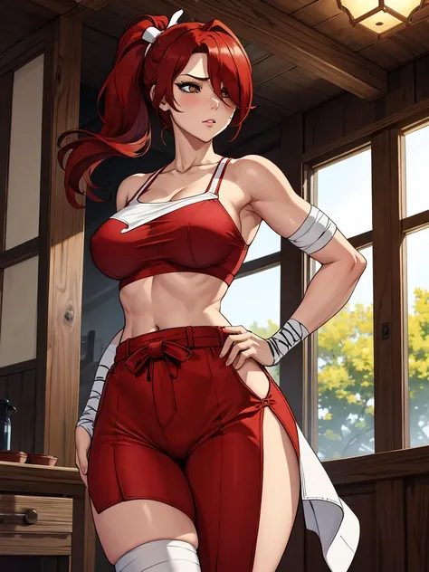 Masterpiece, Best Quality, hight resolution, fairytale, 1girl, hairlong, red hair, pony tail, white ribbon, hair above one eye, Brown eyes, large breasts, clavicle, Huge-breasts, Sarashis chest, bandage, bare arms, midriff, Red Hakama, wide thighs, big but...