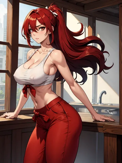 Masterpiece, Best Quality, hight resolution, fairytale, 1girl, hairlong, red hair, pony tail, white ribbon, hair above one eye, Brown eyes, large breasts, clavicle, Huge-breasts, Sarashis chest, bandage, bare arms, midriff, Red Hakama, wide thighs, big but...