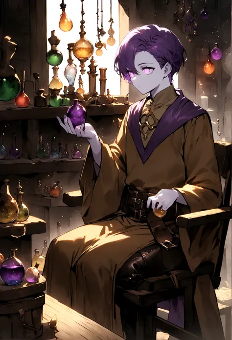 Young human wizard with pale skin and purple hair, jet colored eyes, He wears a dark violet tunic and a brown suit below., leather pants and a brown shirt, He carries alchemical materials on his belt, sitting in a chair working in an alchemical workshop wh...