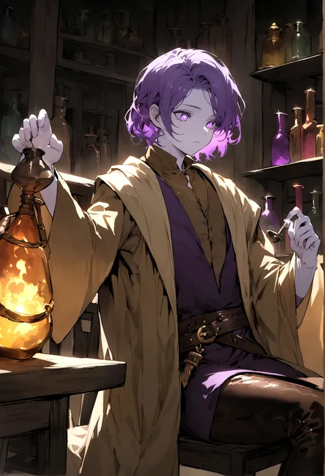 Young human wizard with pale skin and purple hair, jet colored eyes, He wears a dark violet tunic and a brown suit below., leather pants and a brown shirt, He carries alchemical materials on his belt, sitting in a chair working in an alchemical workshop wh...