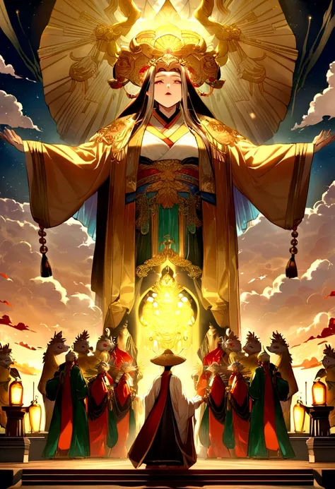 a vivid scene set in the heavenly realm where the old man Jade Emperor, dressed in ornate imperial robes with intricate golden embroidery sat in the throne, meets a humble young farmer. The Jade Emperor stands in front of a majestic celestial palace with g...