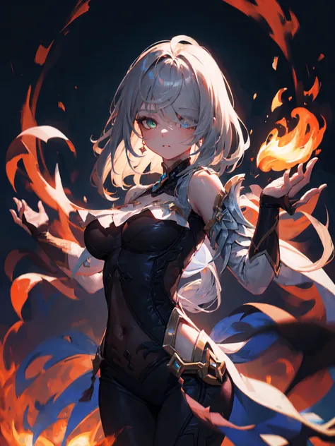 An outstanding painting of a beautiful white girl, flaming, surrounded by flames, dota2 fire girl style, ghost knife style, fire-like hair, long red hair, (hair over one eye), (heterochromia), nude, (completely nude:), large breasts, detailed collarbone, p...