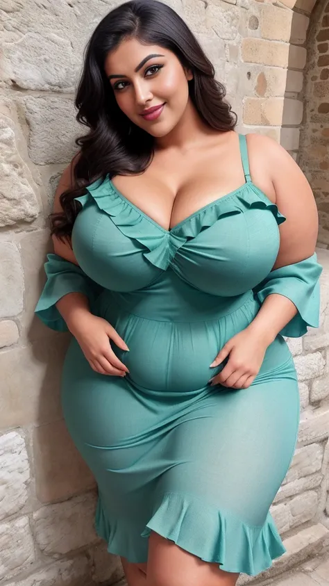 Indian gorgeous curvy plus size actress madhubala, glowing eyes, wearing SHEIN VCAY Plus Size Summer Casual Allover Print Dress, Cinched Waistline And Ruffled Hem

Color: Green
 , covered Bust, parted lips, thick thighs, bigger waist, busty, curvy plus siz...