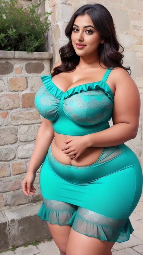 Indian gorgeous curvy plus size actress madhubala, glowing eyes, wearing SHEIN VCAY Plus Size Summer Casual Allover Print Dress, Cinched Waistline And Ruffled Hem

Color: Green
 , covered Bust, parted lips, thick thighs, bigger waist, busty, curvy plus siz...