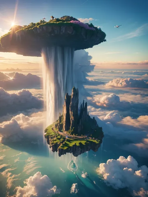 •	Islands floating above the clouds, with a rainbow stretching across the sky and flying creatures soaring around a fantastical landscape.
	•	An island with aerial gardens, •	Islands floating above the clouds, with a rainbow stretching across the sky and f...