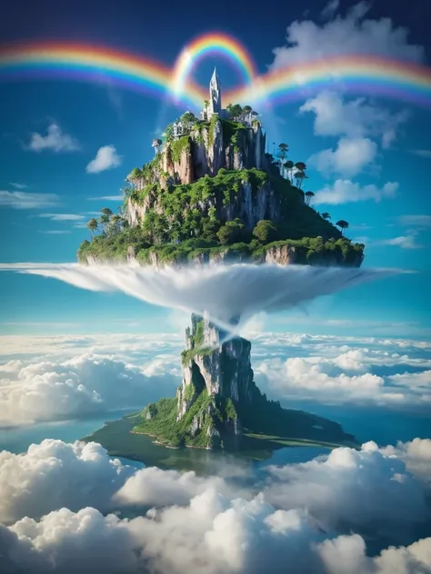 •	Islands floating above the clouds, with a rainbow stretching across the sky and flying creatures soaring around a fantastical landscape.
	•	An island with aerial gardens, •	Islands floating above the clouds, with a rainbow stretching across the sky and f...