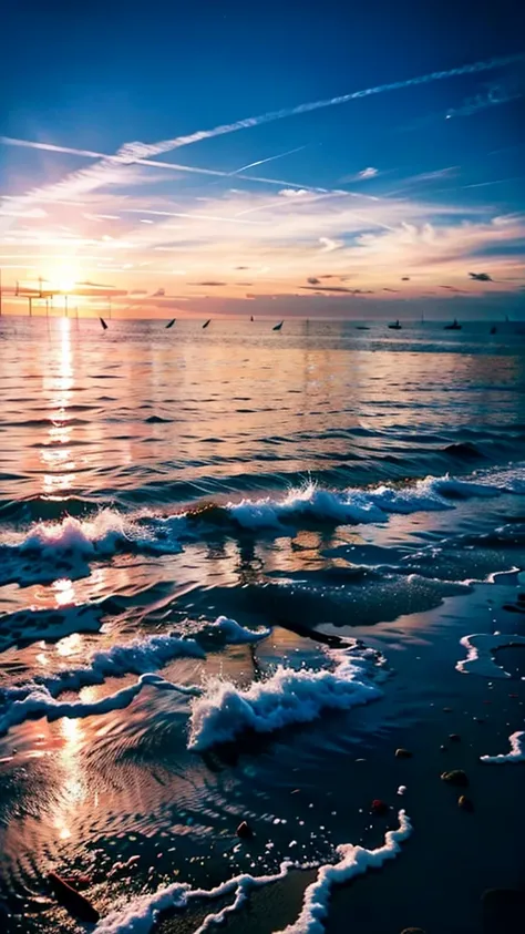 An absolutely mesmerizing sunset on the beach with a mix of orange, red, pink and yellow in the sky. The water is crystal clear, gently kissing the shore, and the sandy beach is endless. The scene is dynamic and breathtaking, with seagulls soaring high in ...