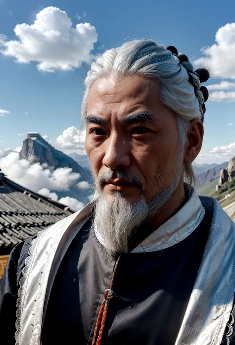 Mencius, a Confucian thinker with white hair and beard, a kind face, and a high mountain in the distance, extreme light and shadow, blue sky and white clouds