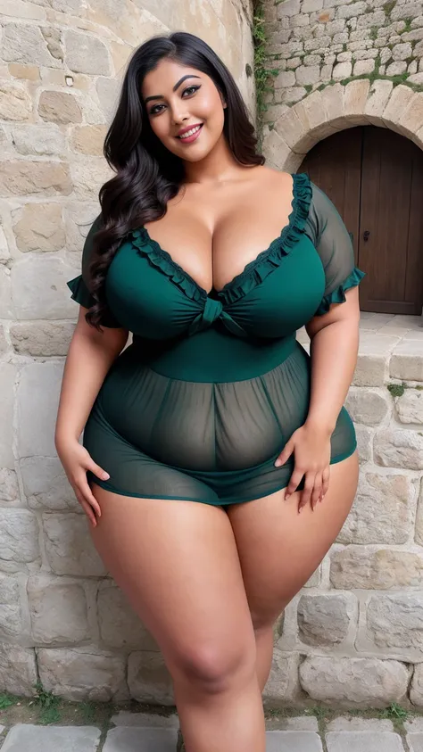 Indian gorgeous curvy plus size actress madhubala, glowing eyes, wearing SHEIN VCAY Plus Size Summer Casual Allover Print Dress, Cinched Waistline And Ruffled Hem Color: Green , covered Bust, parted lips, thick thighs, bigger waist, busty, curvy plus size ...